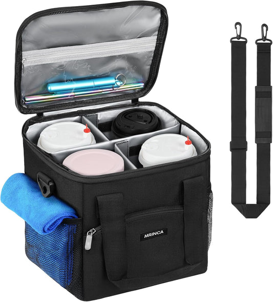 Reusable 4 Cup Insulated Drink Carrier with Handle, Black | Collapsible beverage bag, no-spill base, adjustable divider, luggage strap, mesh side pockets, for delivery, car, travel