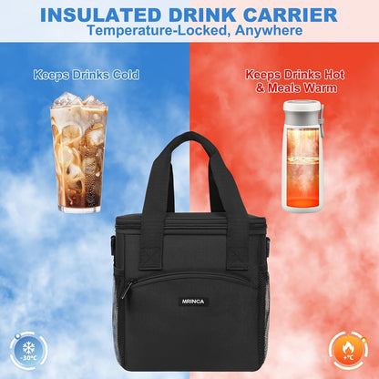 Reusable 4 Cup Insulated Drink Carrier with Handle, Black | Collapsible beverage bag, no-spill base, adjustable divider, luggage strap, mesh side pockets, for delivery, car, travel