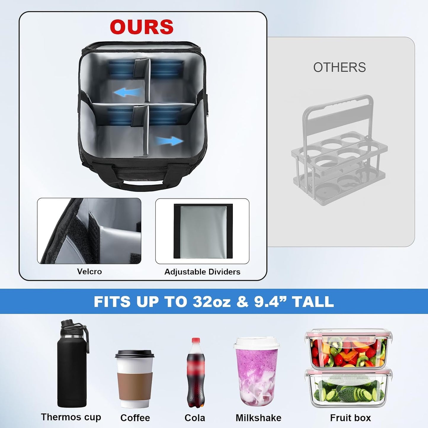 Reusable 4 Cup Insulated Drink Carrier with Handle, Black | Collapsible beverage bag, no-spill base, adjustable divider, luggage strap, mesh side pockets, for delivery, car, travel