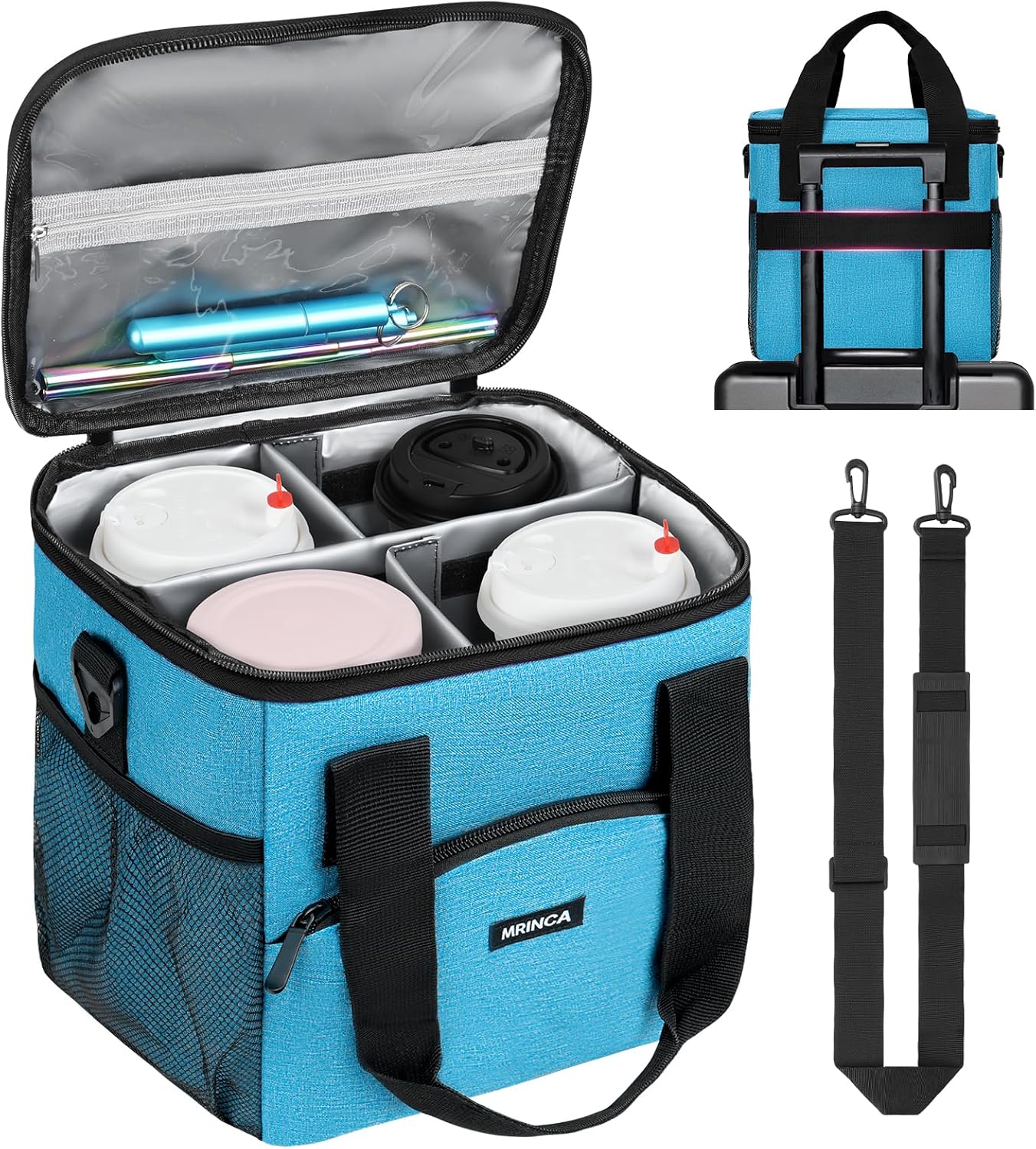 Reusable 4 Cup Insulated Drink Carrier with Handle, Black | Collapsible beverage bag, no-spill base, adjustable divider, luggage strap, mesh side pockets, for delivery, car, travel