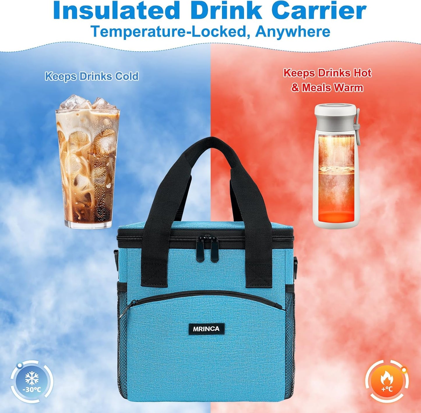 Reusable 4 Cup Insulated Drink Carrier with Handle, Black | Collapsible beverage bag, no-spill base, adjustable divider, luggage strap, mesh side pockets, for delivery, car, travel