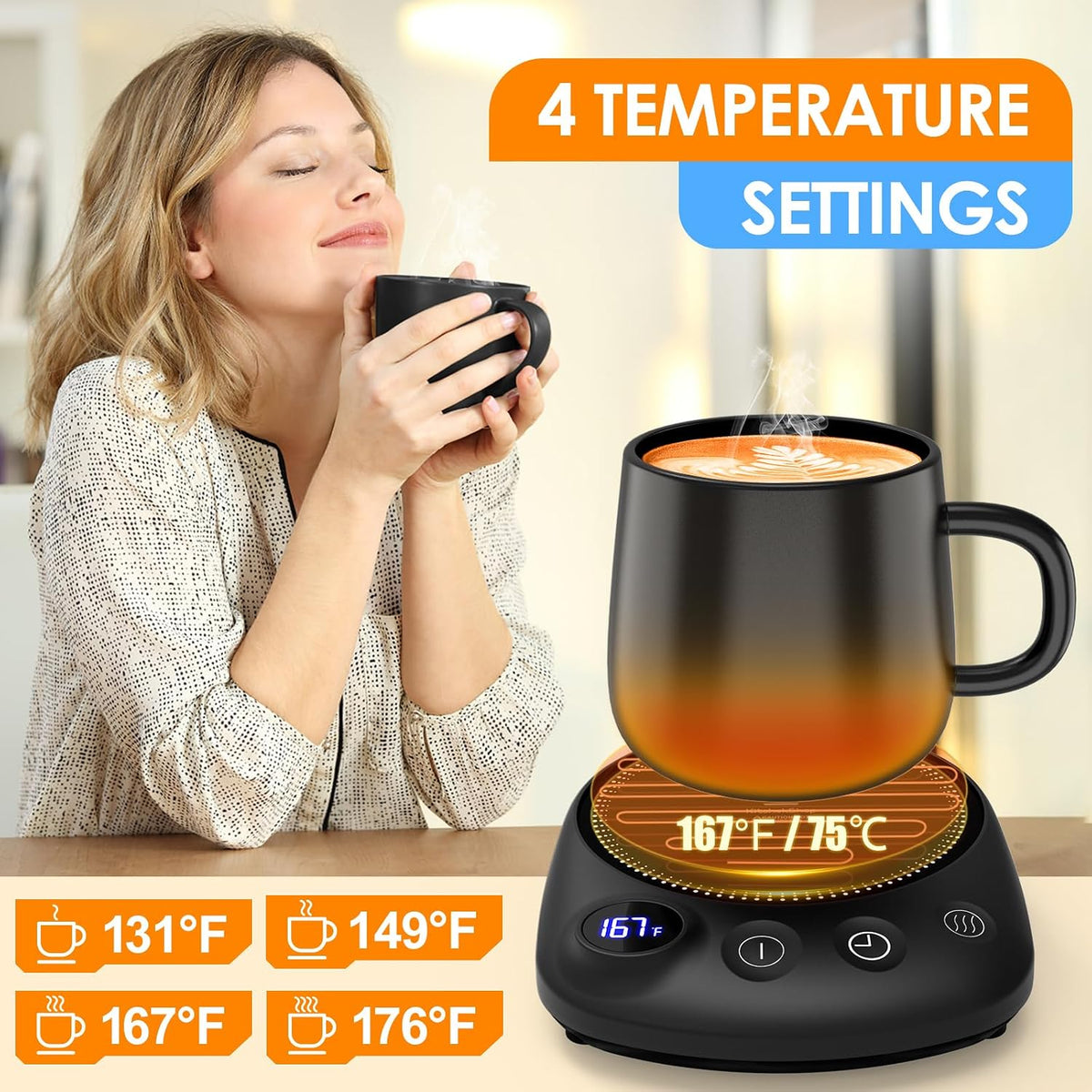 Coffee Mug Warmer-Fastest Heating & Highest Temperature, Coffee Cup Warmer for Desk Auto Shut Off, 4 Temp Settings & 1-12H Timer, Smart Electric Mug & Candle Warmer for Coffee, Tea (Black)