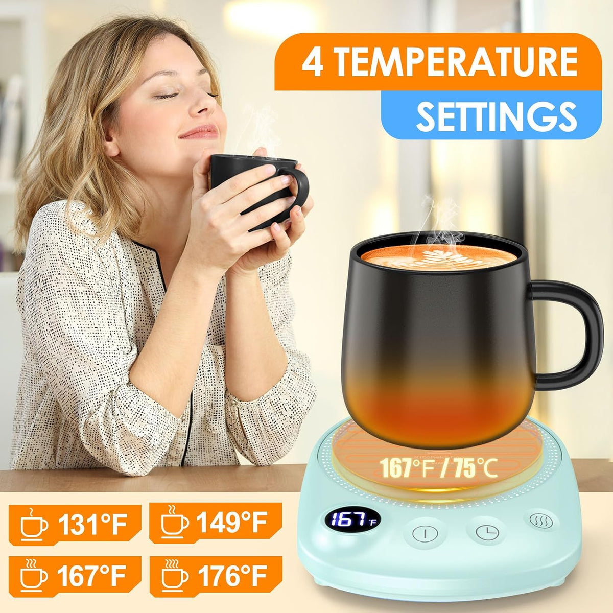Coffee Mug Warmer-Fastest Heating & Highest Temperature, Coffee Cup Warmer for Desk Auto Shut Off, 4 Temp Settings & 1-12H Timer, Smart Electric Mug & Candle Warmer for Coffee, Tea (Black)