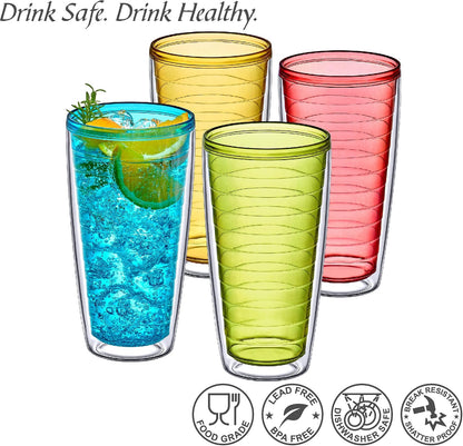 Alaska - 24-Ounce Insulated Tumblers (Set of 4), Double-Wall Drinking Glasses, Mixed-Color Reusable Cups, BPA-Free, Shatter-Proof, Dishwasher-Safe