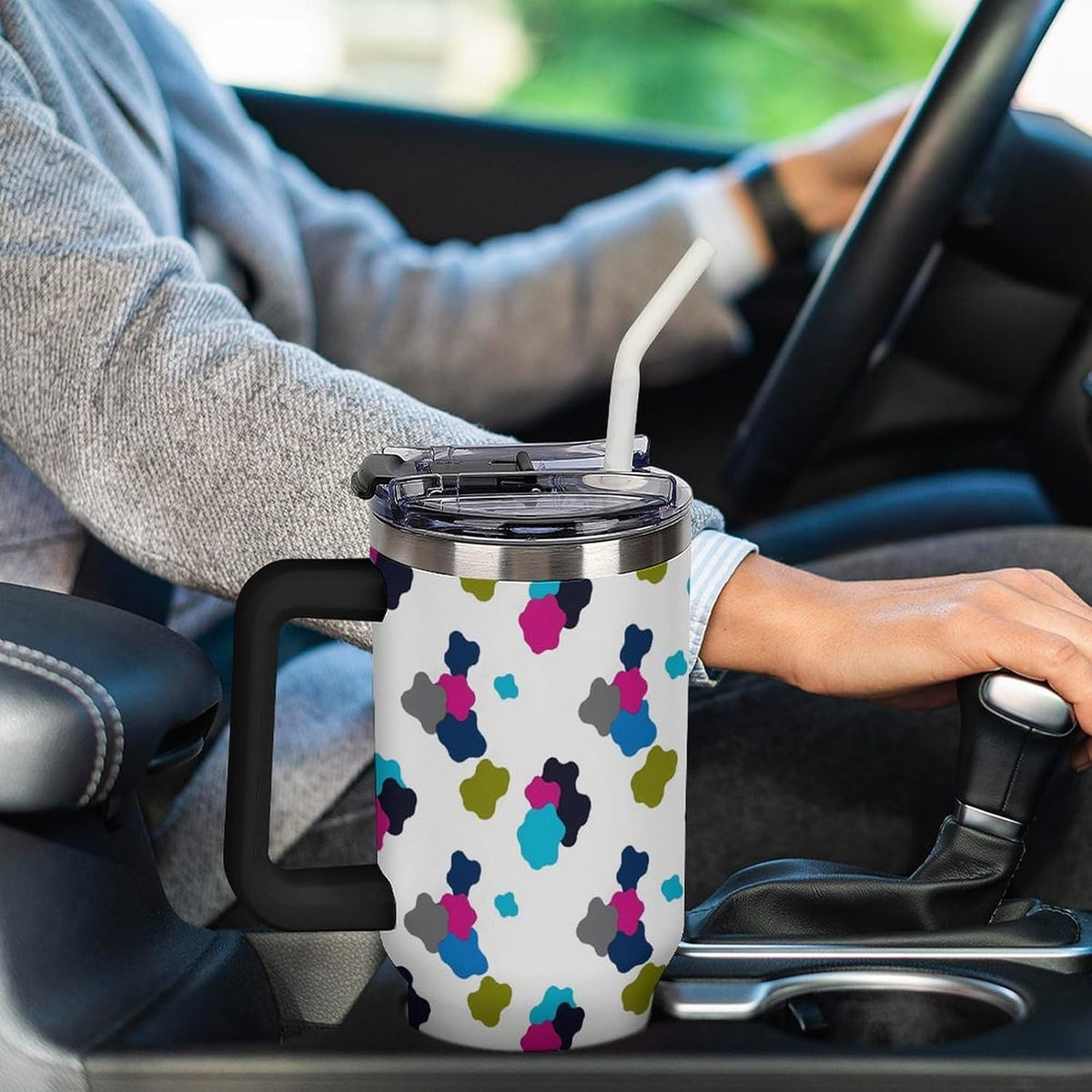Leakproof Car Cup Vacuum Sealed With Lid For Office Crystal Clear Blue Water Ripple Print Drinkware Light Rose Red-style-5 - Colors D