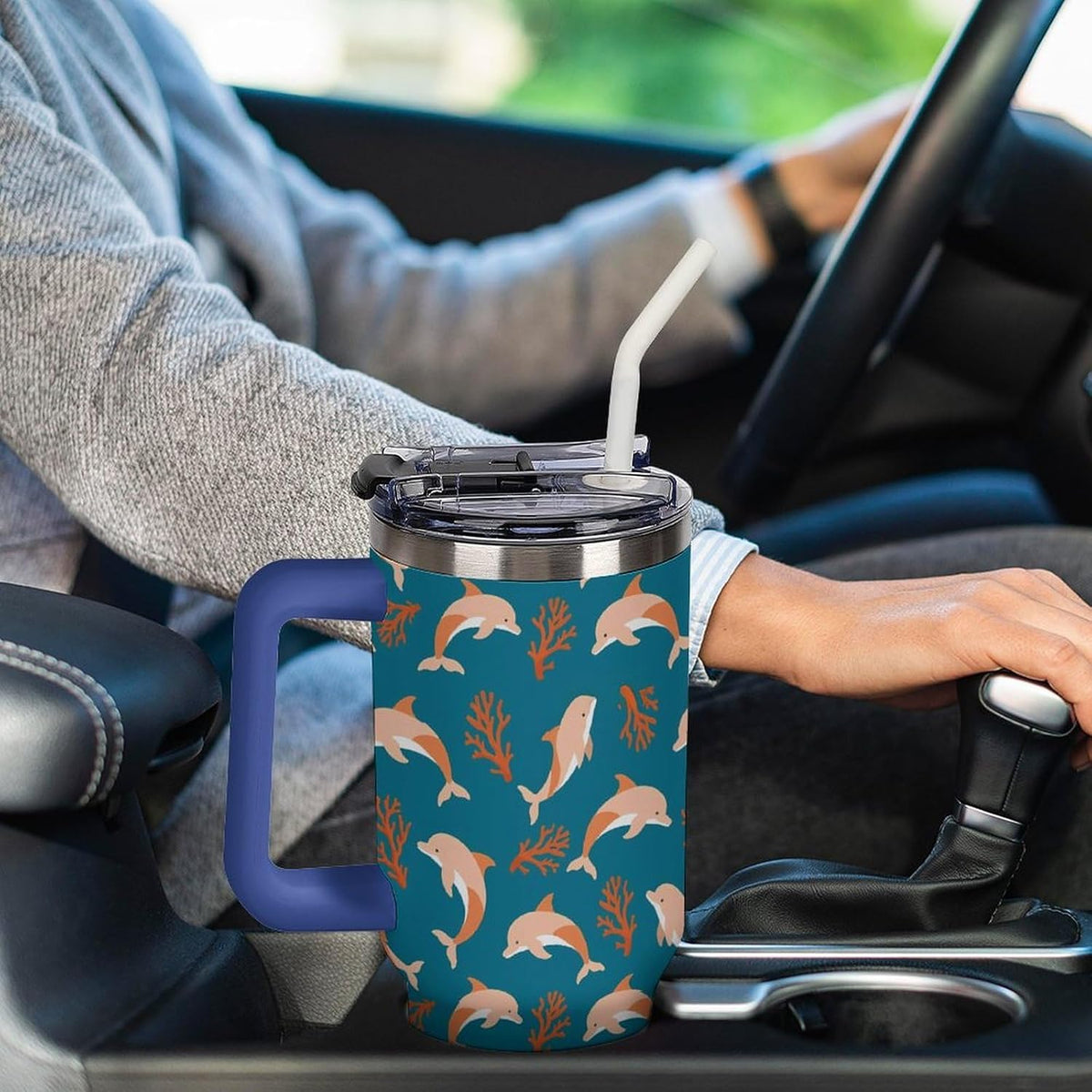 Leakproof Car Cup Vacuum Sealed With Lid For Office Crystal Clear Blue Water Ripple Print Drinkware Light Rose Red-style-5 - Colors D