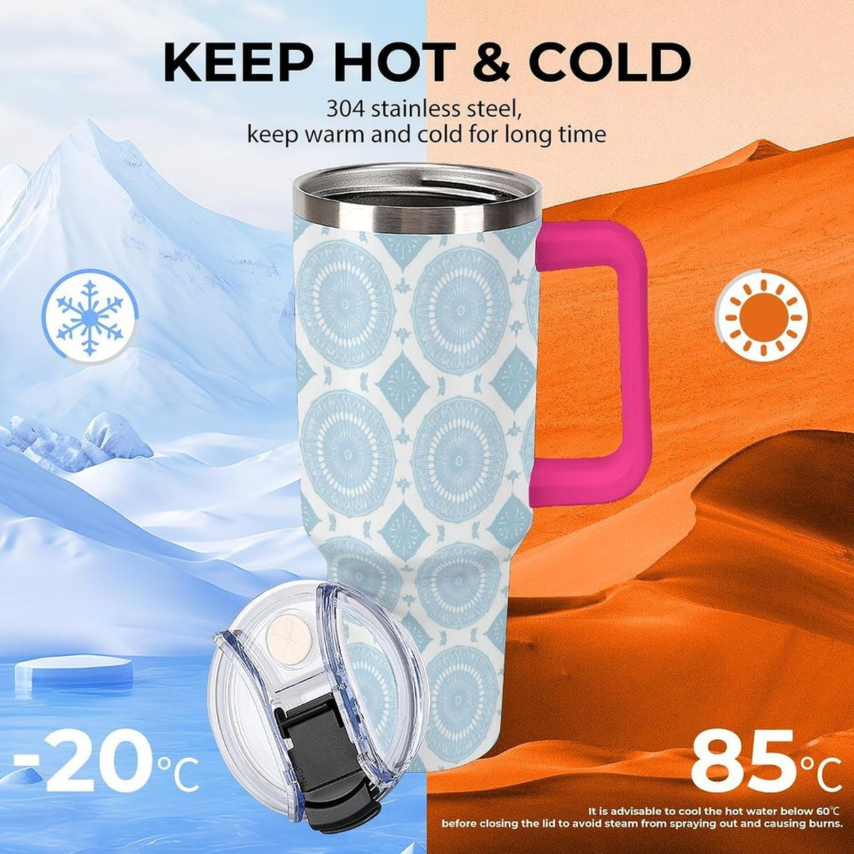 Leakproof Car Cup Vacuum Sealed With Lid For Office Crystal Clear Blue Water Ripple Print Drinkware Light Rose Red-style-5 - Colors D