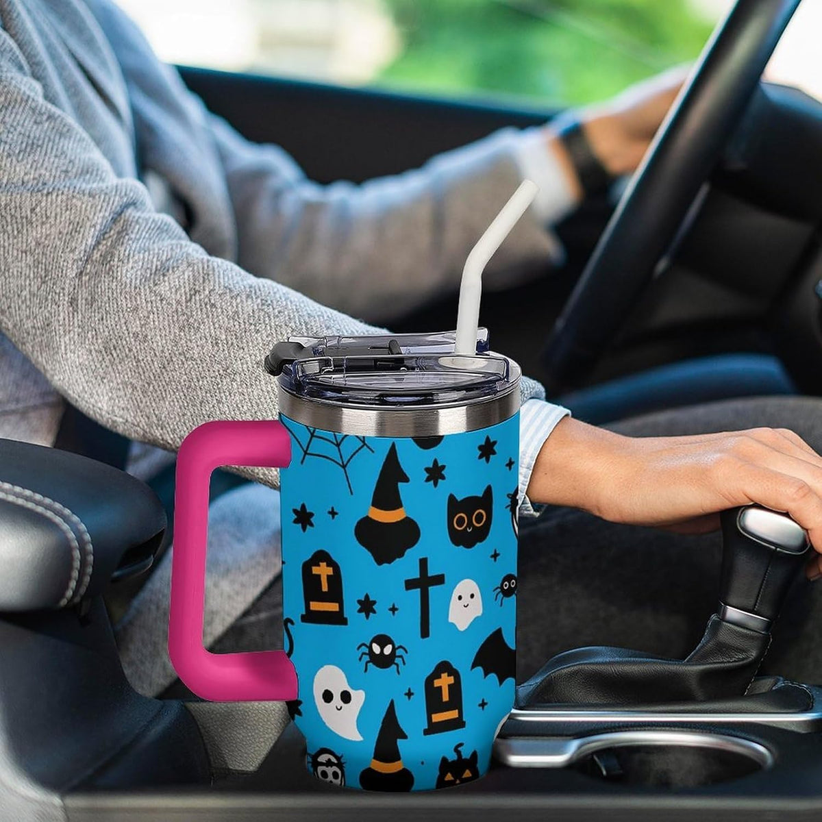 Leakproof Car Cup Vacuum Sealed With Lid For Office Crystal Clear Blue Water Ripple Print Drinkware Light Rose Red-style-5 - Colors D