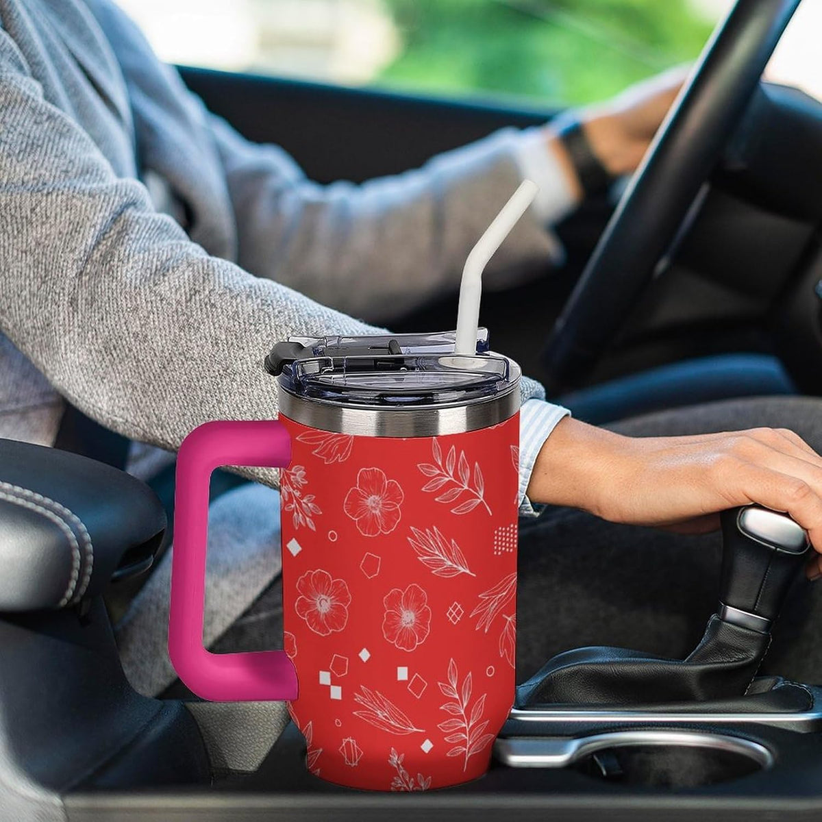 Leakproof Car Cup Vacuum Sealed With Lid For Office Crystal Clear Blue Water Ripple Print Drinkware Light Rose Red-style-5 - Colors D