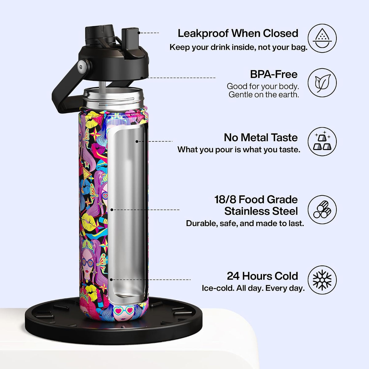 Insulated Water Bottle with Straw Stainless Steel Water Bottle, Leak-Proof, BPA-Free, Double Wall Vacuum Keeps Cold for 24 Hours for Sports, Travel, School (26 oz, Cotton Candy) - Colors C