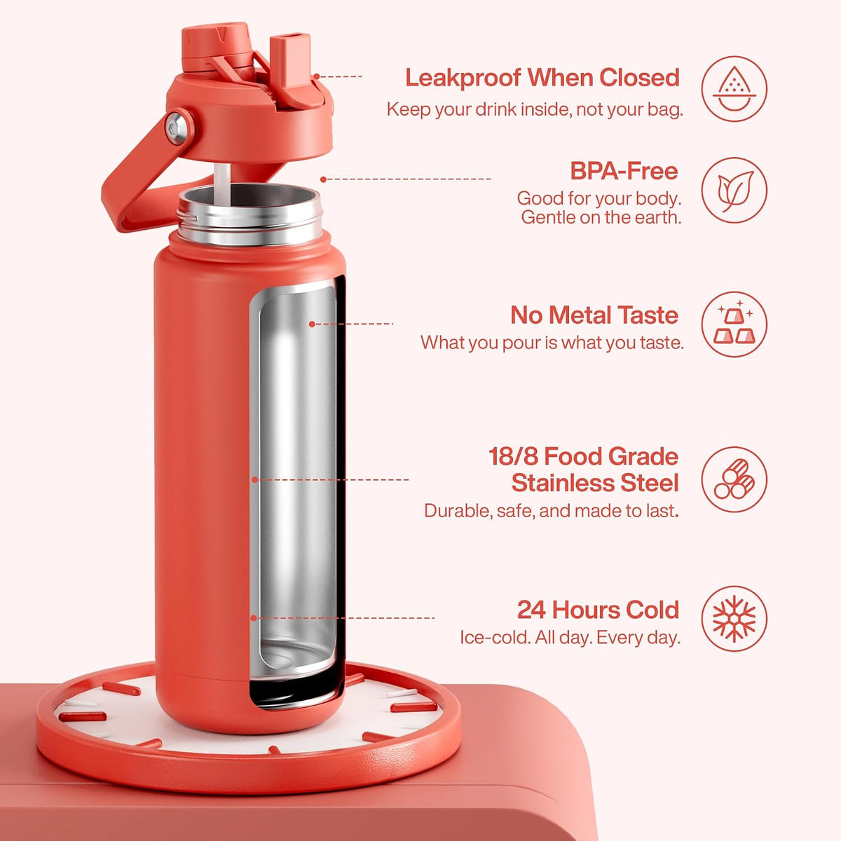 Insulated Water Bottle with Straw Stainless Steel Water Bottle, Leak-Proof, BPA-Free, Double Wall Vacuum Keeps Cold for 24 Hours for Sports, Travel, School (26 oz, Cotton Candy) - Colors C