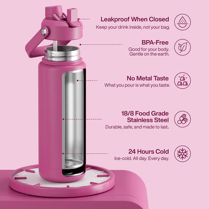 Insulated Water Bottle with Straw Stainless Steel Water Bottle, Leak-Proof, BPA-Free, Double Wall Vacuum Keeps Cold for 24 Hours for Sports, Travel, School (26 oz, Cotton Candy) - Colors C