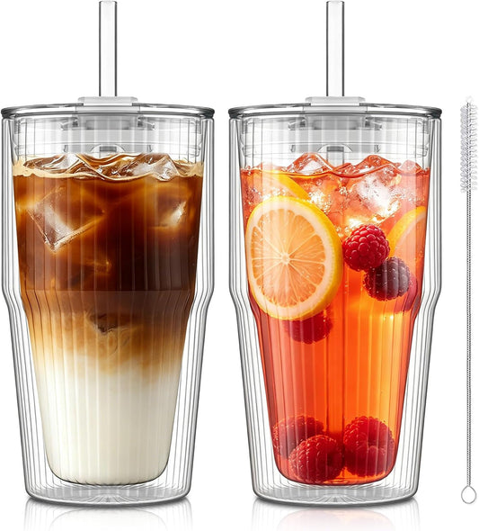 Double Wall Glass Tumbler,16oz Coffee Cups with Lids and Straws
