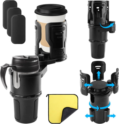 2 in 1 Car Cup Holder Expander, Multifunctional Expandable Car Cup with 360° Rotating Cup Holder Adapter Extender for Car with Adjustable Base Cup Holder Organizer for Large Water Cups and Drinks