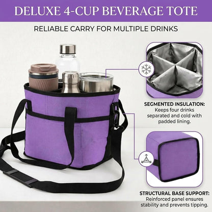 4 Compartment Drink Bag, Multiple Tumbler Carrier Caddy | Insulated Drink Caddy, Adjustable Shoulder Strap, Portable Beverage Tote for Picnics, Hiking & Daily Use