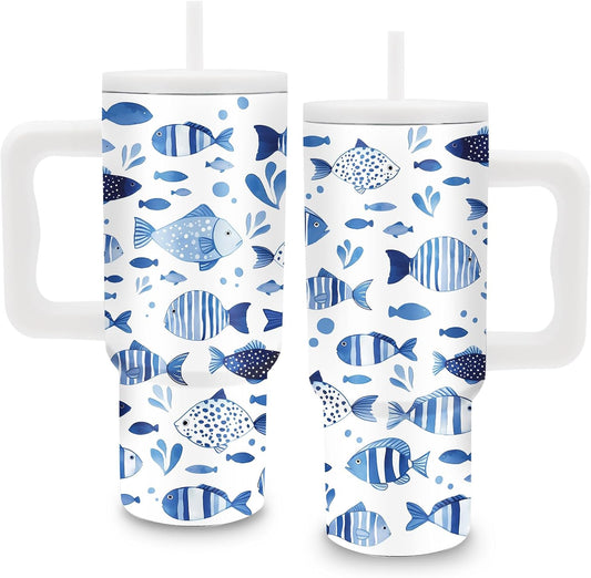 Fish Tumbler with Handle and Straw 24oz, Gifts for Ocean Lovers, Insulated
