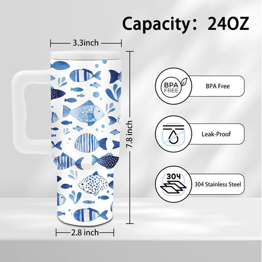 Fish Tumbler with Handle and Straw 24oz, Gifts for Ocean Lovers, Insulated
