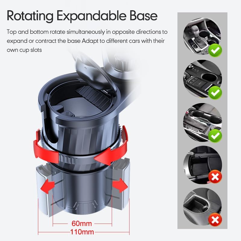 4 in 1 Upgrade Cup Holder Expander, Multifunctional Cup Holder for Car with Lock, 360° Rotating Cupholder Expander with Ashtrays & Adjustable Base, Expandable Cup Holder for Large Bottles Drinks Mugs