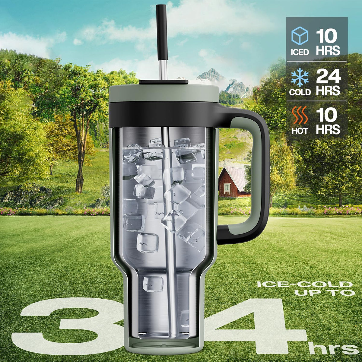 40 oz Tumbler with Handle, 2-in-1 Straw and Sip Lid, Leakproof, Dishwasher Safe, Insulated Stainless Steel Travel Coffee Mug, Keeps Cold for 34 Hours, Fits in Car Cup Holder (Forest)