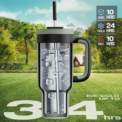 40 oz Tumbler with Handle, 2-in-1 Straw and Sip Lid, Leakproof, Dishwasher Safe, Insulated Stainless Steel Travel Coffee Mug, Keeps Cold for 34 Hours, Fits in Car Cup Holder (Forest)