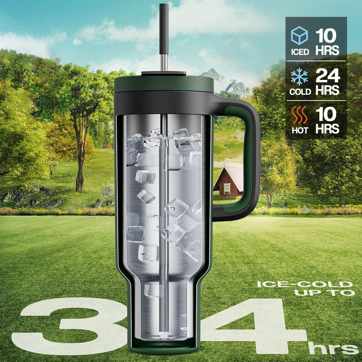 40 oz Tumbler with Handle, 2-in-1 Straw and Sip Lid, Leakproof, Dishwasher Safe, Insulated Stainless Steel Travel Coffee Mug, Keeps Cold for 34 Hours, Fits in Car Cup Holder (Forest)