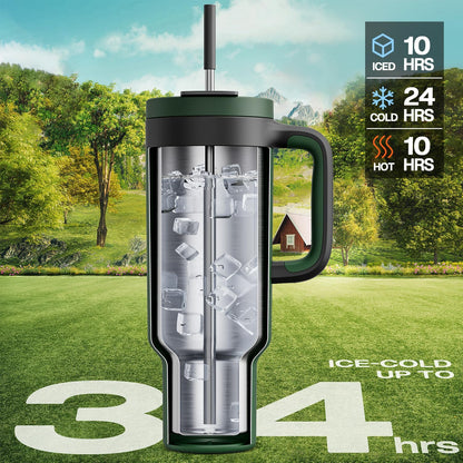 40 oz Tumbler with Handle, 2-in-1 Straw and Sip Lid, Leakproof, Dishwasher Safe, Insulated Stainless Steel Travel Coffee Mug, Keeps Cold for 34 Hours, Fits in Car Cup Holder (Forest)