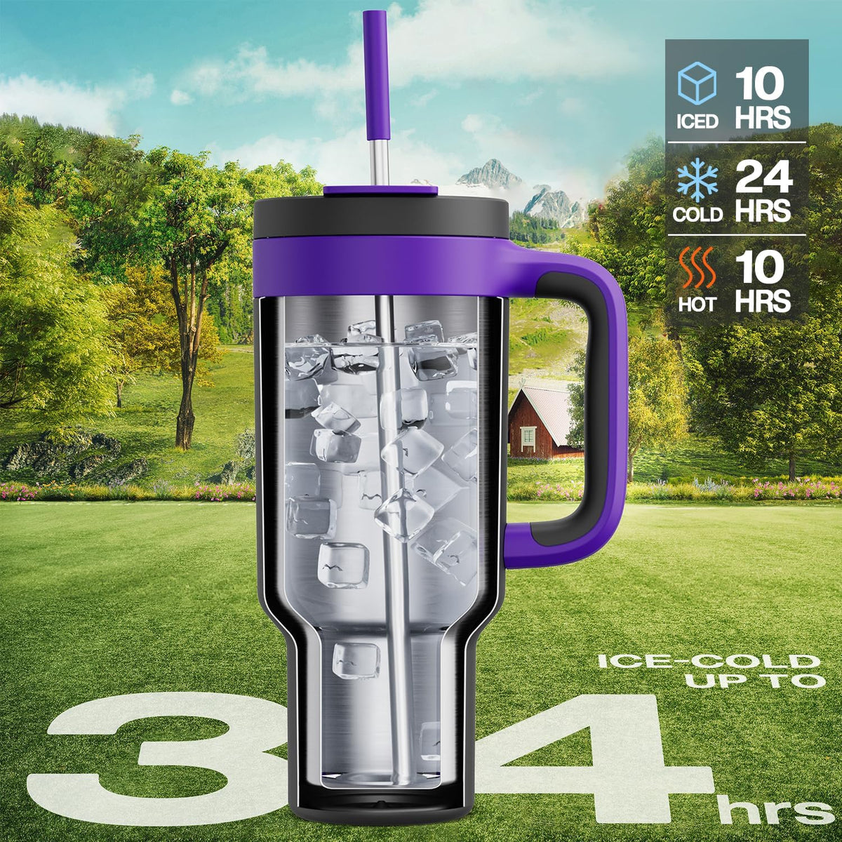 40 oz Tumbler with Handle, 2-in-1 Straw and Sip Lid, Leakproof, Dishwasher Safe, Insulated Stainless Steel Travel Coffee Mug, Keeps Cold for 34 Hours, Fits in Car Cup Holder (Forest)