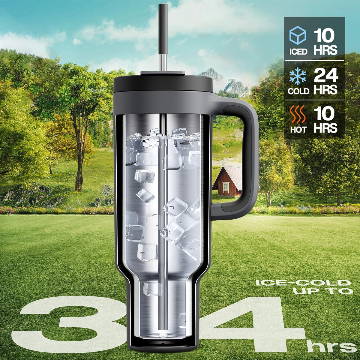 40 oz Tumbler with Handle, 2-in-1 Straw and Sip Lid, Leakproof, Dishwasher Safe, Insulated Stainless Steel Travel Coffee Mug, Keeps Cold for 34 Hours, Fits in Car Cup Holder (Forest)