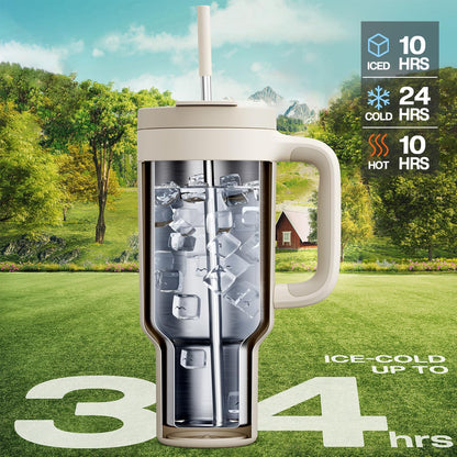40 oz Tumbler with Handle, 2-in-1 Straw and Sip Lid, Leakproof, Dishwasher Safe, Insulated Stainless Steel Travel Coffee Mug, Keeps Cold for 34 Hours, Fits in Car Cup Holder (Forest)
