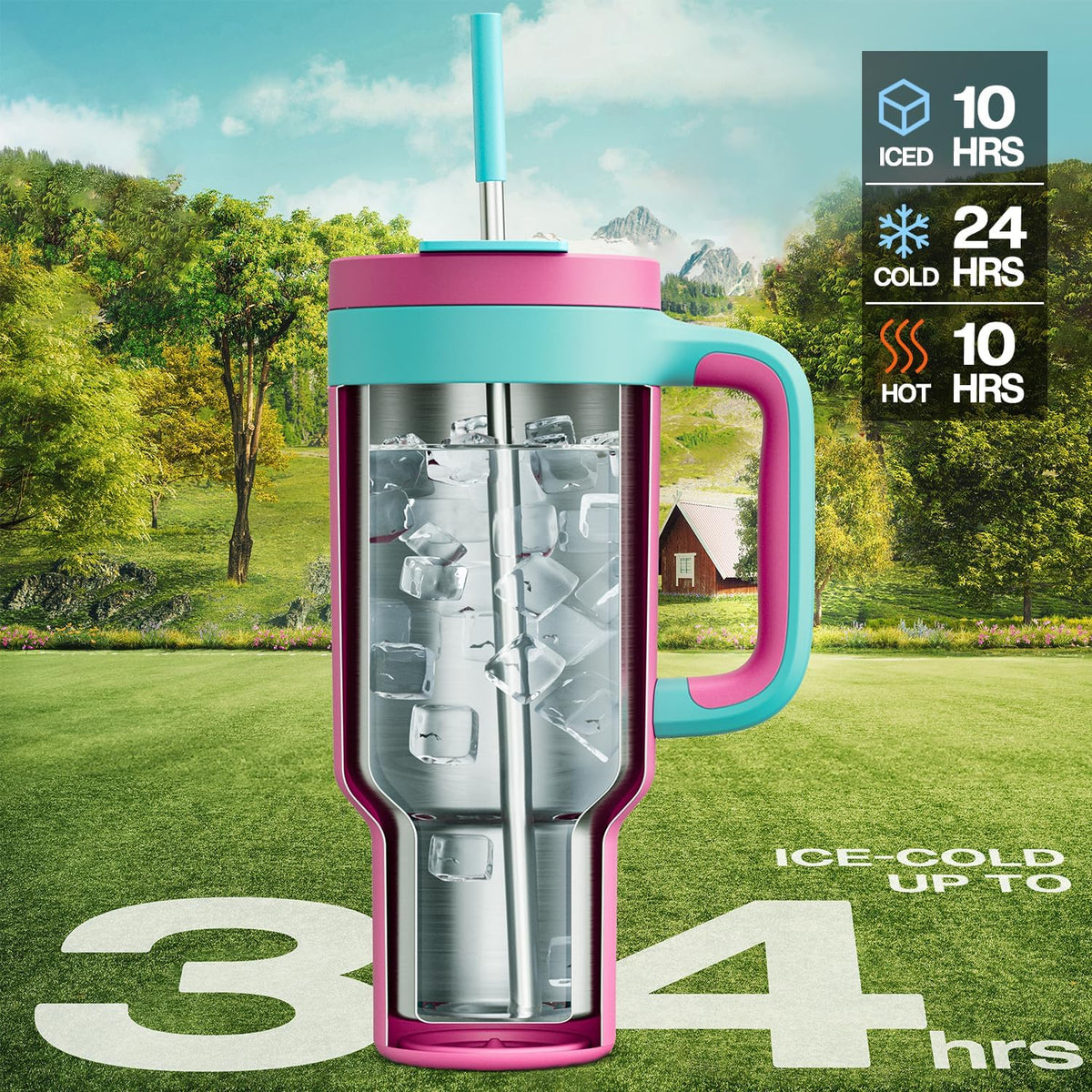 40 oz Tumbler with Handle, 2-in-1 Straw and Sip Lid, Leakproof, Dishwasher Safe, Insulated Stainless Steel Travel Coffee Mug, Keeps Cold for 34 Hours, Fits in Car Cup Holder (Forest)