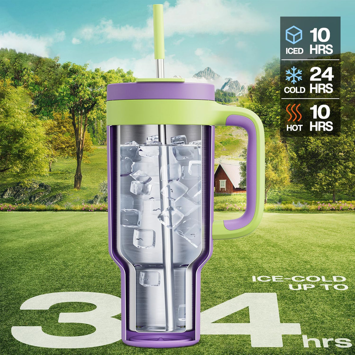 40 oz Tumbler with Handle, 2-in-1 Straw and Sip Lid, Leakproof, Dishwasher Safe, Insulated Stainless Steel Travel Coffee Mug, Keeps Cold for 34 Hours, Fits in Car Cup Holder (Forest)