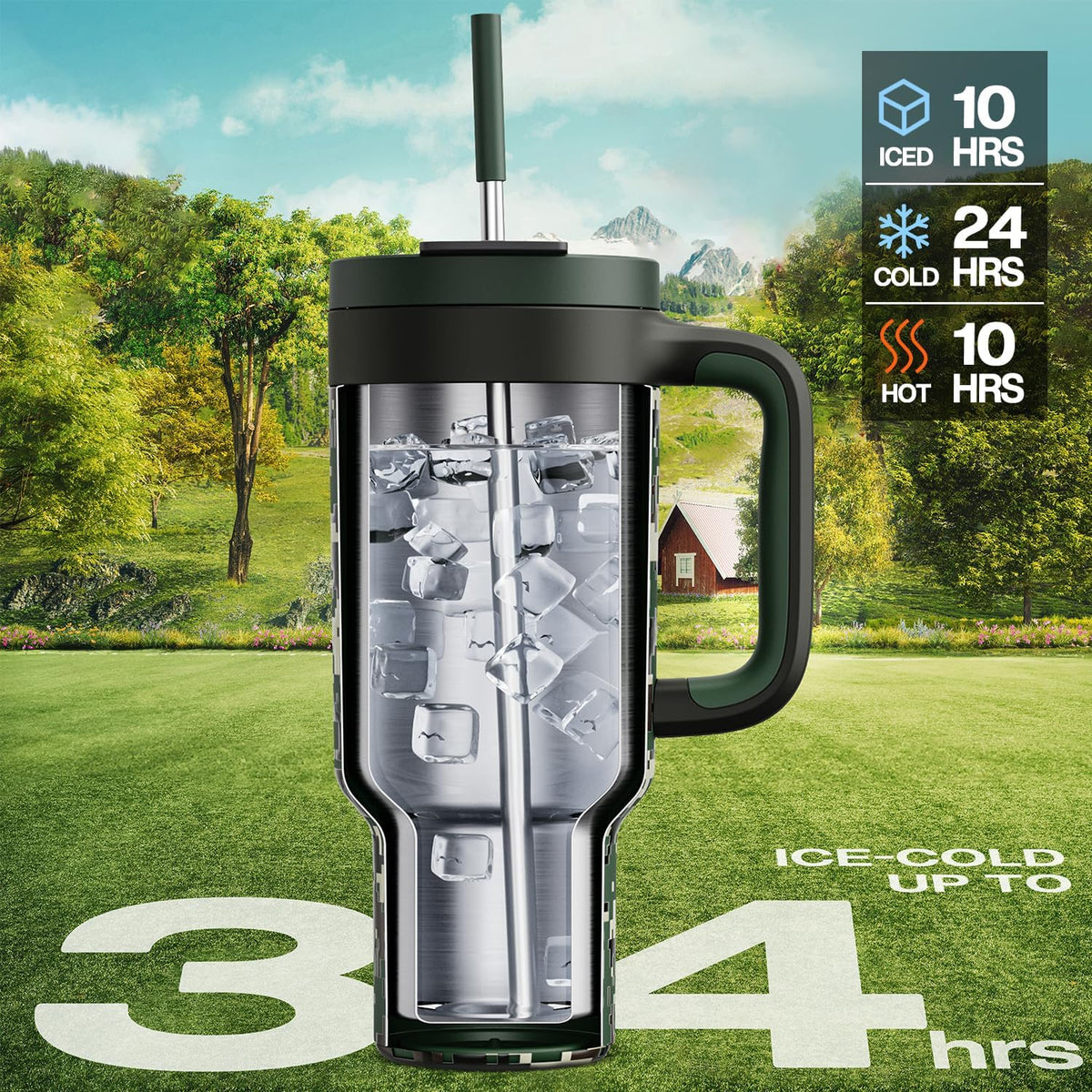 40 oz Tumbler with Handle, 2-in-1 Straw and Sip Lid, Leakproof, Dishwasher Safe, Insulated Stainless Steel Travel Coffee Mug, Keeps Cold for 34 Hours, Fits in Car Cup Holder (Forest)