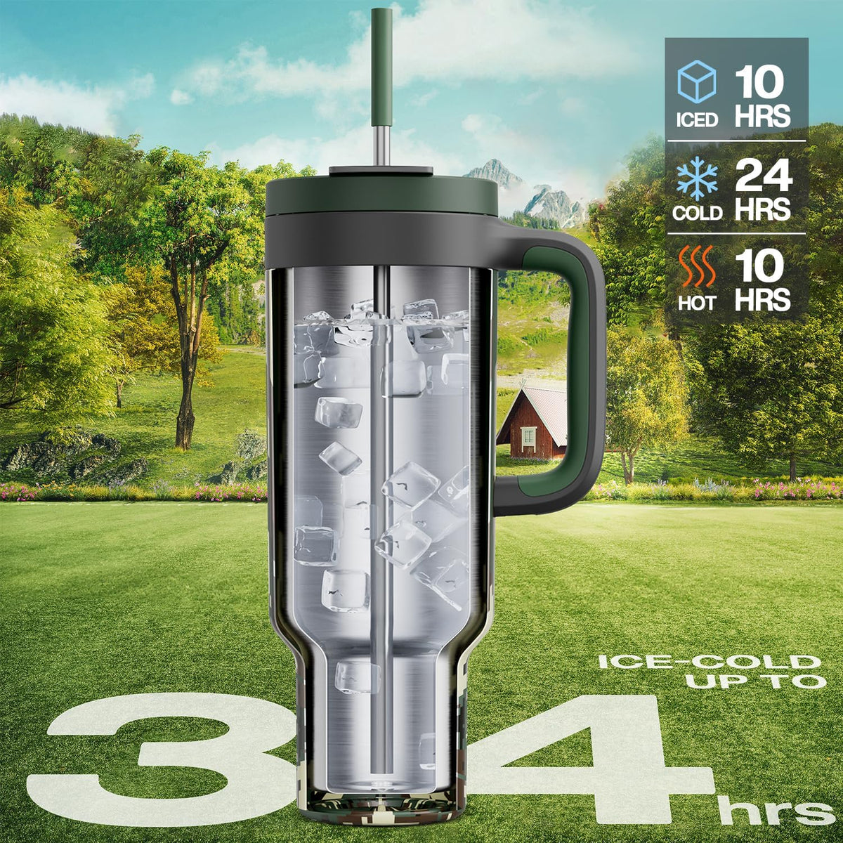 40 oz Tumbler with Handle, 2-in-1 Straw and Sip Lid, Leakproof, Dishwasher Safe, Insulated Stainless Steel Travel Coffee Mug, Keeps Cold for 34 Hours, Fits in Car Cup Holder (Forest)