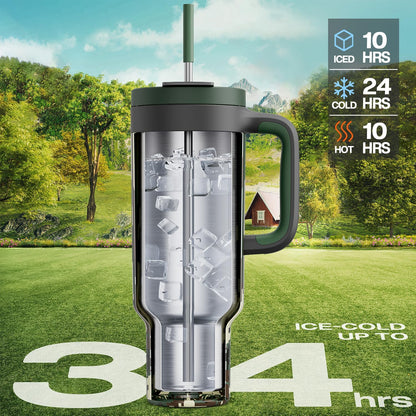 40 oz Tumbler with Handle, 2-in-1 Straw and Sip Lid, Leakproof, Dishwasher Safe, Insulated Stainless Steel Travel Coffee Mug, Keeps Cold for 34 Hours, Fits in Car Cup Holder (Forest)