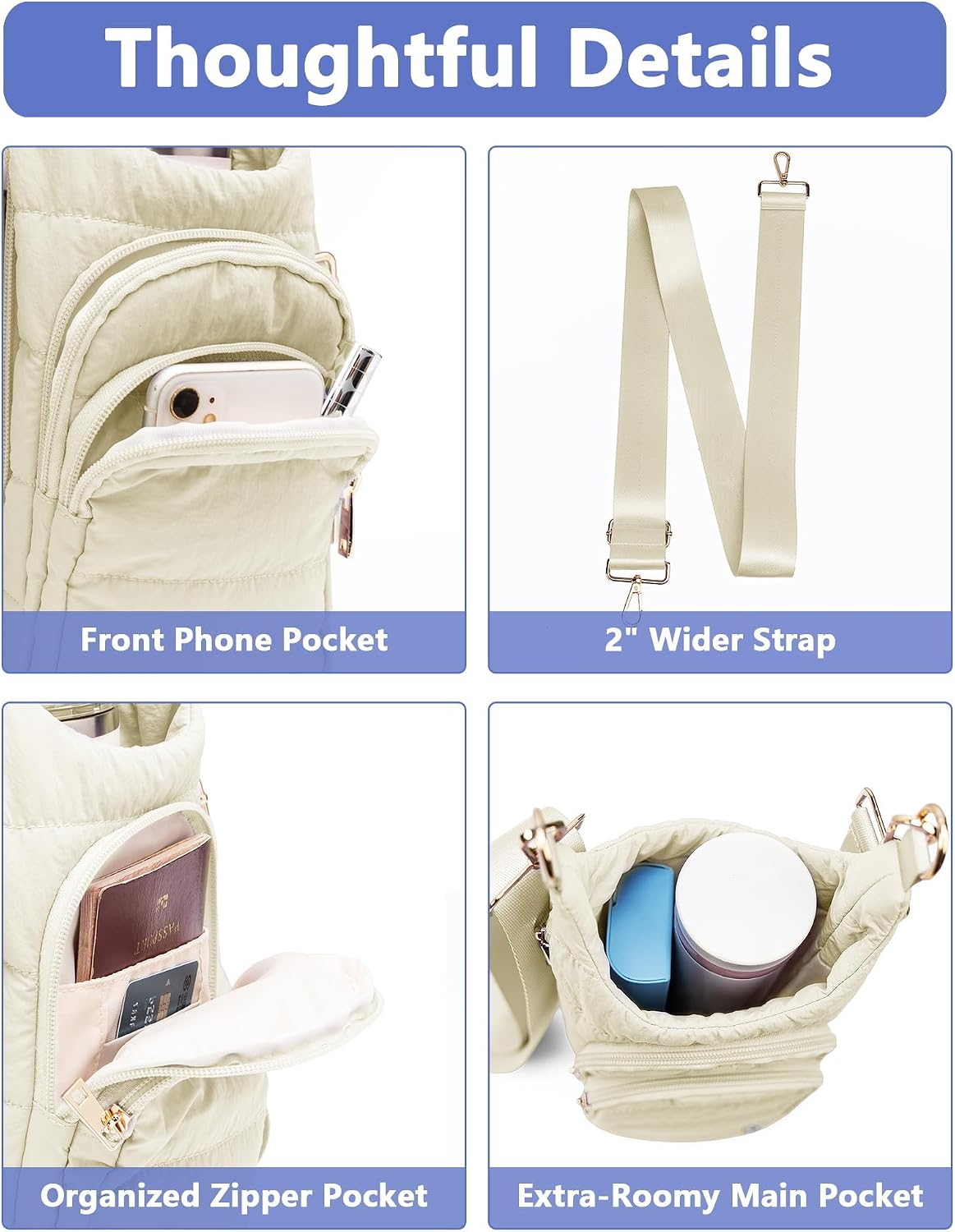 Water Bottle Holder with Strap 30/32 oz, Crossbody Water Bottle Carrier Bag | Lightweiht Quilted Bottle Sling Bag, RFID Phone Pocket, Hands-free for Gym Hiking Walking Travel