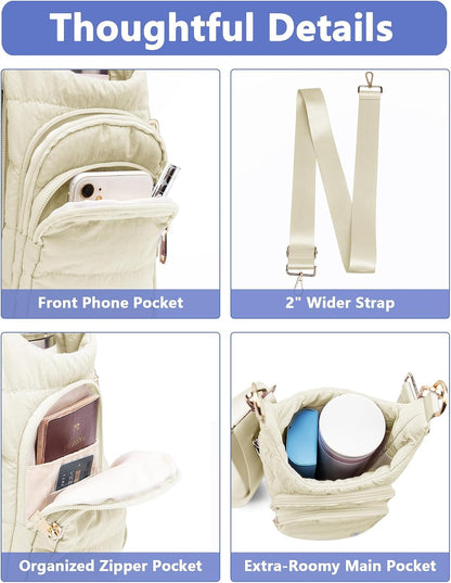 Water Bottle Holder with Strap 30/32 oz, Crossbody Water Bottle Carrier Bag | Lightweiht Quilted Bottle Sling Bag, RFID Phone Pocket, Hands-free for Gym Hiking Walking Travel