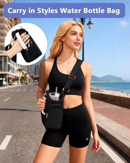Water Bottle Holder with Strap 30/32 oz, Crossbody Water Bottle Carrier Bag | Lightweiht Quilted Bottle Sling Bag, RFID Phone Pocket, Hands-free for Gym Hiking Walking Travel