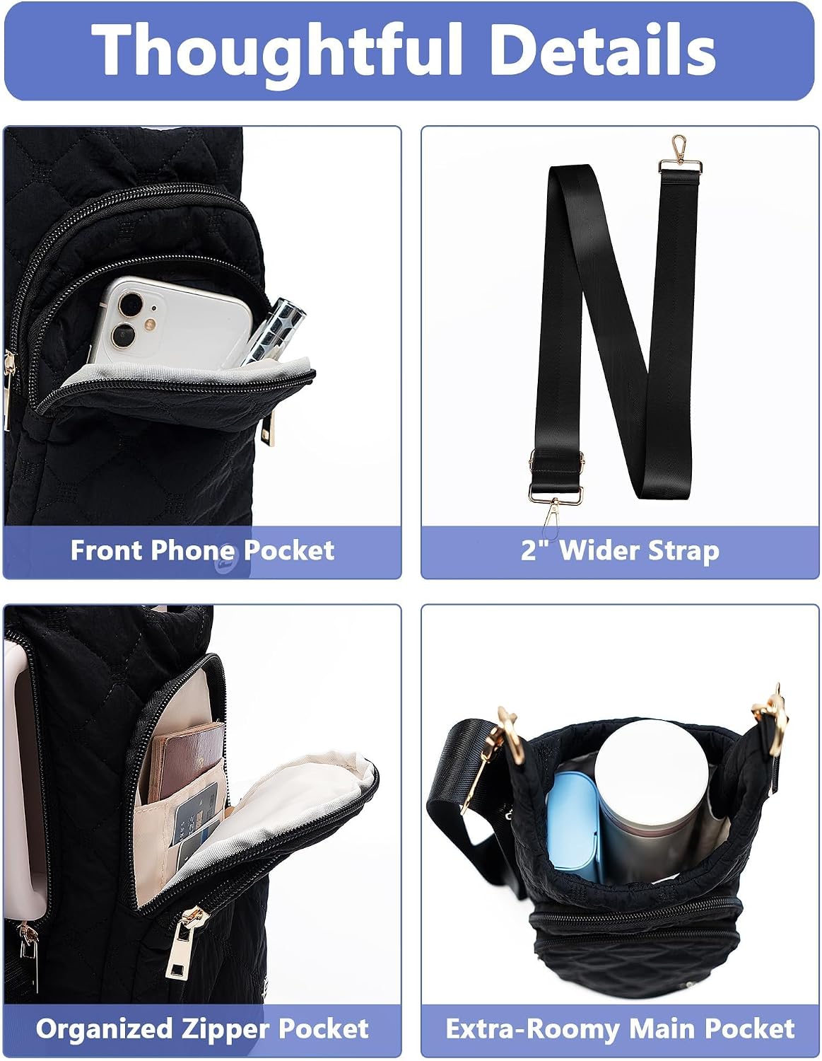 Water Bottle Holder with Strap 30/32 oz, Crossbody Water Bottle Carrier Bag | Lightweiht Quilted Bottle Sling Bag, RFID Phone Pocket, Hands-free for Gym Hiking Walking Travel