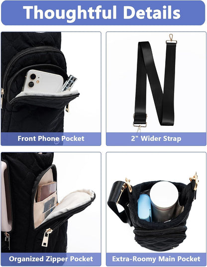 Water Bottle Holder with Strap 30/32 oz, Crossbody Water Bottle Carrier Bag | Lightweiht Quilted Bottle Sling Bag, RFID Phone Pocket, Hands-free for Gym Hiking Walking Travel