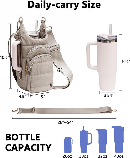 Water Bottle Holder with Strap 30/32 oz, Crossbody Water Bottle Carrier Bag | Lightweiht Quilted Bottle Sling Bag, RFID Phone Pocket, Hands-free for Gym Hiking Walking Travel