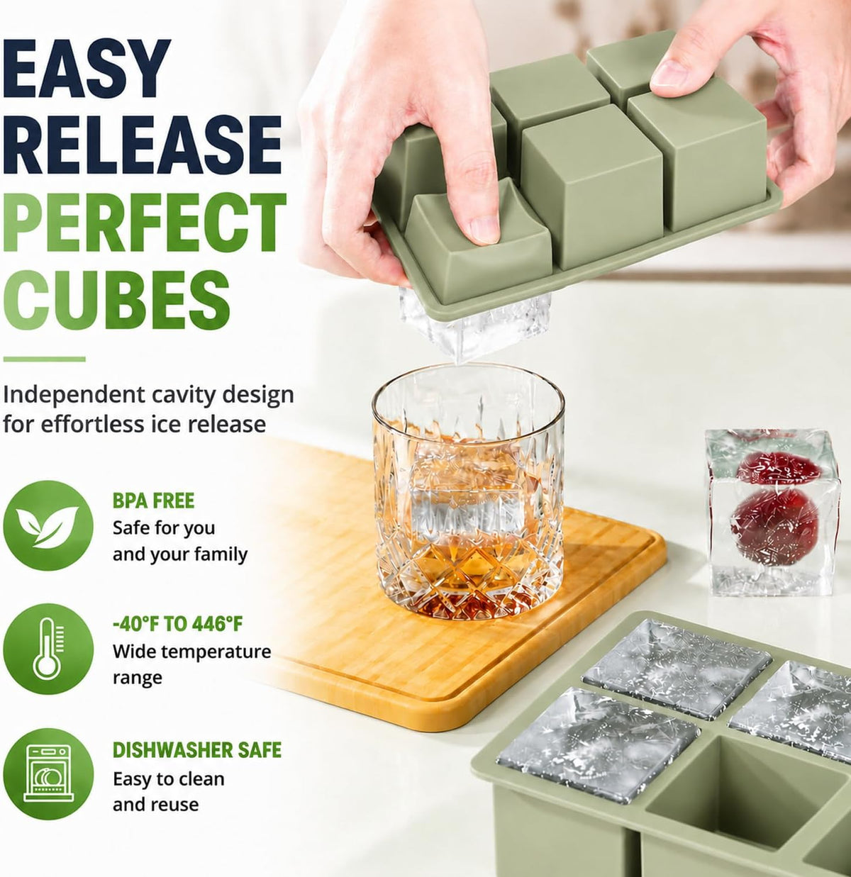 Large Ice Cube Tray for Whiskey: 2" Big Silicone Ice Tray with Lid for Whisky - 3Pack Old Fashioned Ice Cube Trays for Cocktail - Huge Square Cubed Bourbon Ice Cube Maker