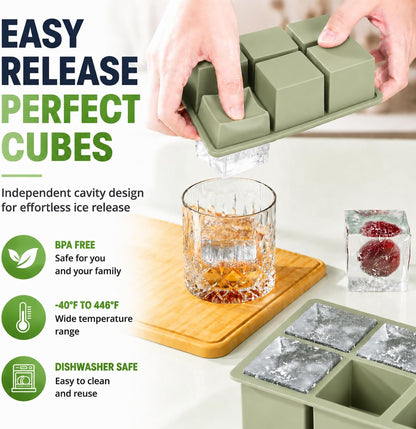 Large Ice Cube Tray for Whiskey: 2" Big Silicone Ice Tray with Lid for Whisky - 3Pack Old Fashioned Ice Cube Trays for Cocktail - Huge Square Cubed Bourbon Ice Cube Maker