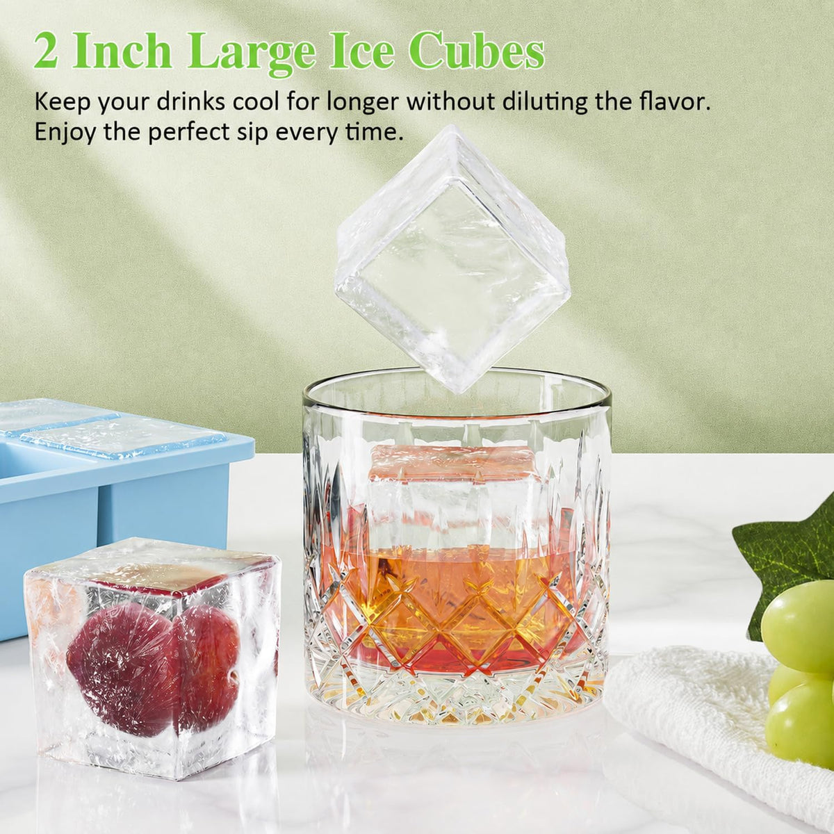 Large Ice Cube Tray for Whiskey: 2" Big Silicone Ice Tray with Lid for Whisky - 3Pack Old Fashioned Ice Cube Trays for Cocktail - Huge Square Cubed Bourbon Ice Cube Maker