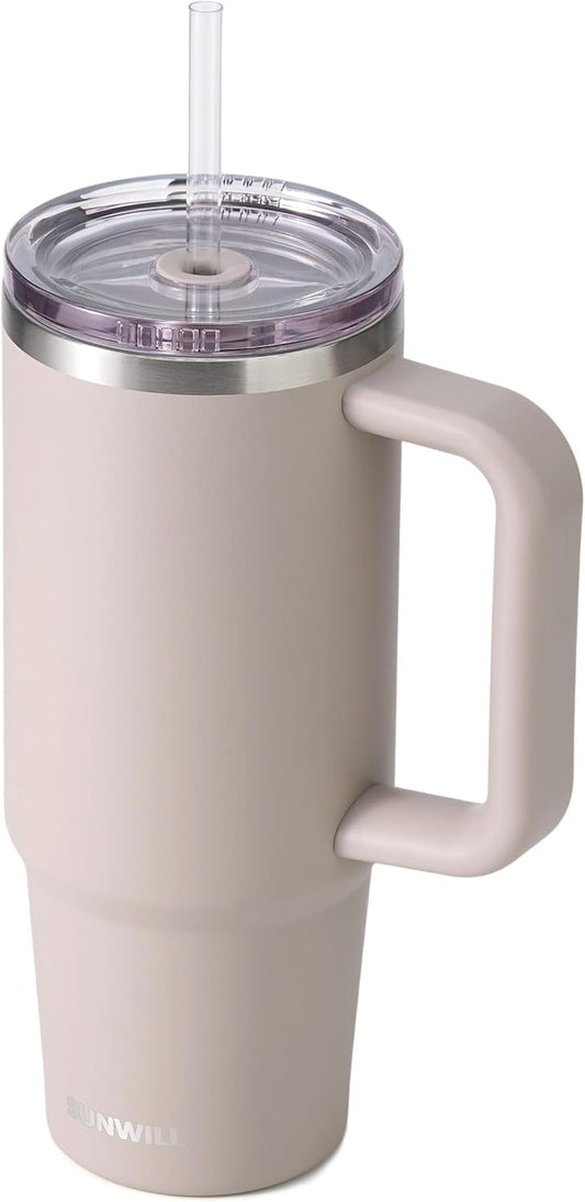 Insulated Coffee Tumbler with Handle, 30oz Stainless Steel Travel Mug with Straw, Spill Resistant Lid, Cup Holder Friendly, Powder Coated Muted Violet