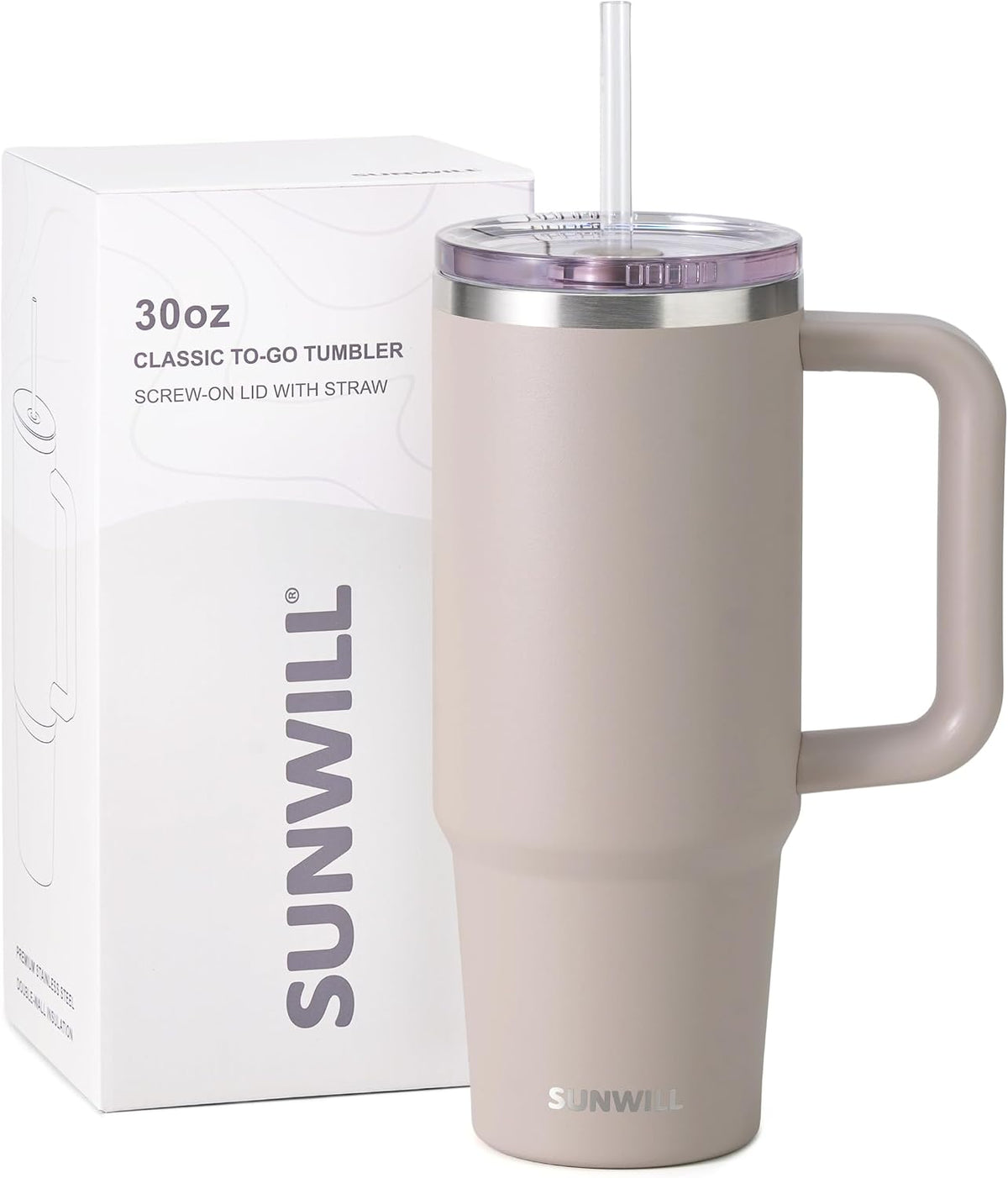 Insulated Coffee Tumbler with Handle, 30oz Stainless Steel Travel Mug with Straw, Spill Resistant Lid, Cup Holder Friendly, Powder Coated Muted Violet