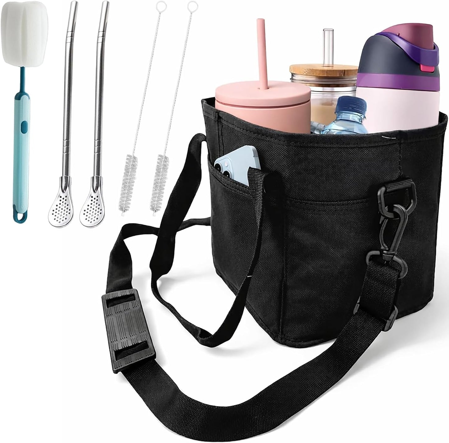 Family Size 4 Compartment Drink Bag, Hands-Free Drink Carrier Bag from Tipping Over, Compartment Portable Insulated Tote Bags for Moms & Iced Coffee Enthusiasts, Work, Beach