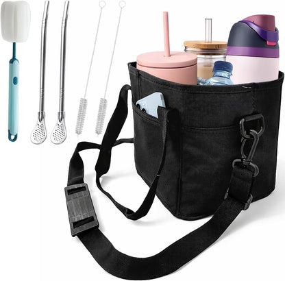 Family Size 4 Compartment Drink Bag, Hands-Free Drink Carrier Bag from Tipping Over, Compartment Portable Insulated Tote Bags for Moms & Iced Coffee Enthusiasts, Work, Beach