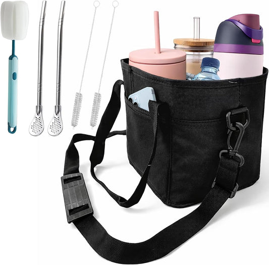 Family Size 4 Compartment Drink Bag, Hands-Free Drink Carrier Bag from Tipping Over, Compartment Portable Insulated Tote Bags for Moms & Iced Coffee Enthusiasts, Work, Beach