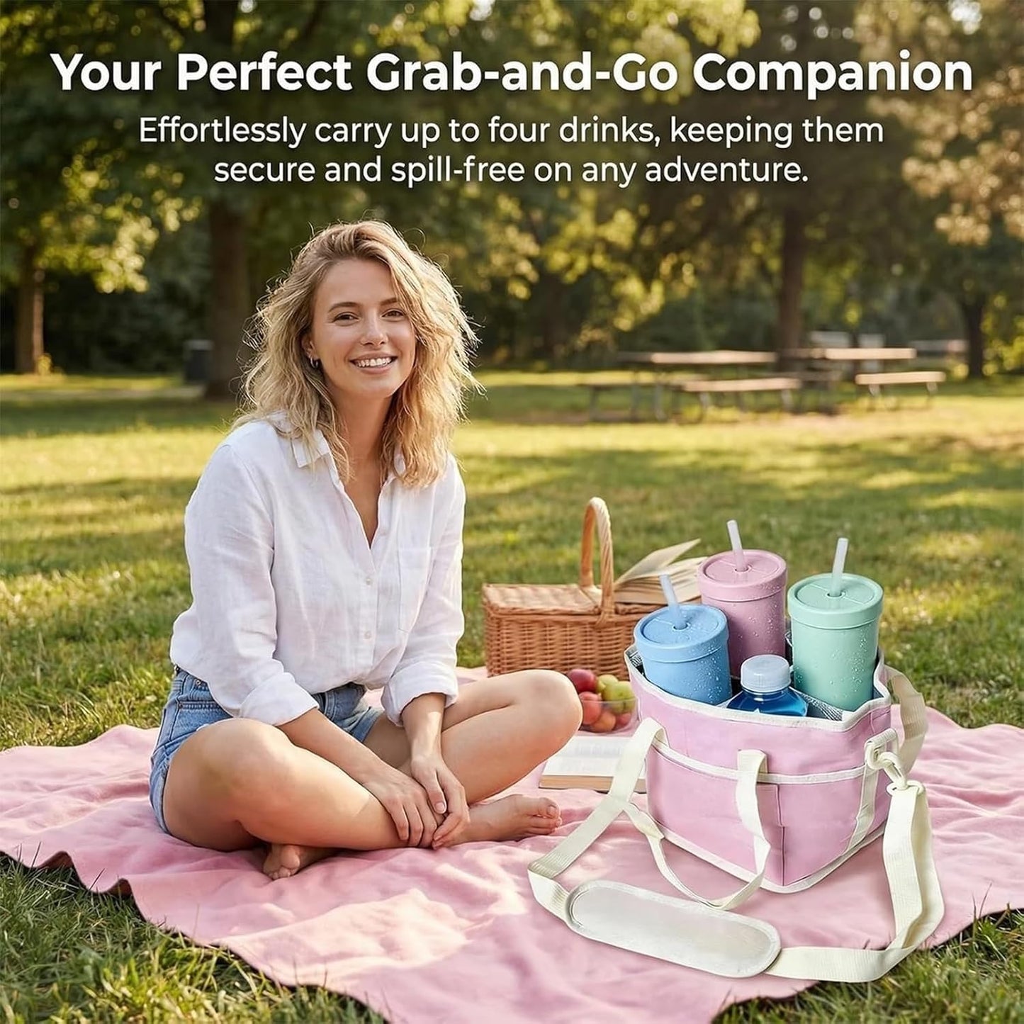 Family Size 4 Compartment Drink Bag, Hands-Free Drink Carrier Bag from Tipping Over, Compartment Portable Insulated Tote Bags for Moms & Iced Coffee Enthusiasts, Work, Beach