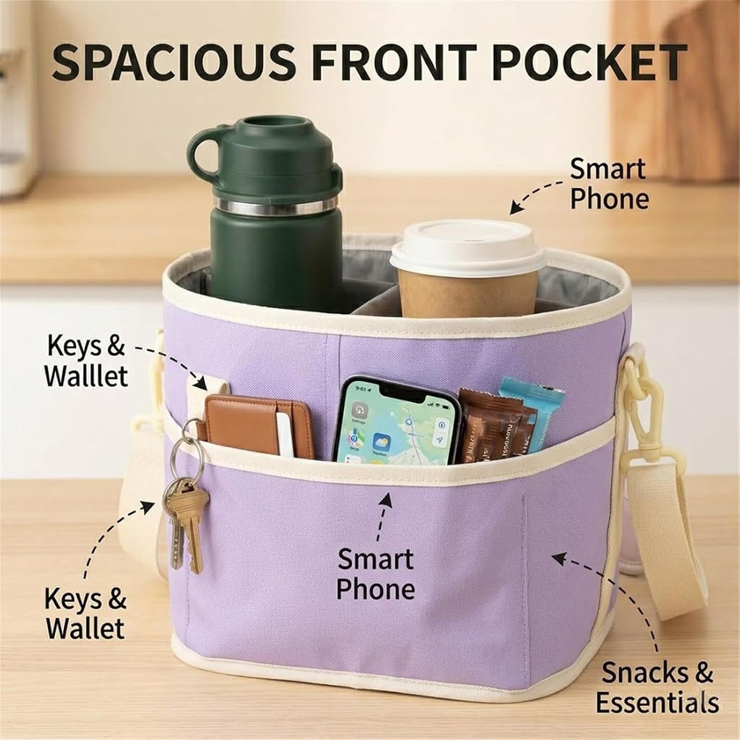 Family Size 4 Compartment Drink Bag, Hands-Free Drink Carrier Bag from Tipping Over, Compartment Portable Insulated Tote Bags for Moms & Iced Coffee Enthusiasts, Work, Beach